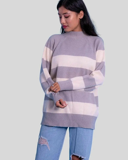 Luxurious Italian Cashmere Striped Sweater - Woman in Grey and White Sweater