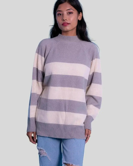 Luxurious Italian Cashmere Striped Sweater - Grey and White Stripes