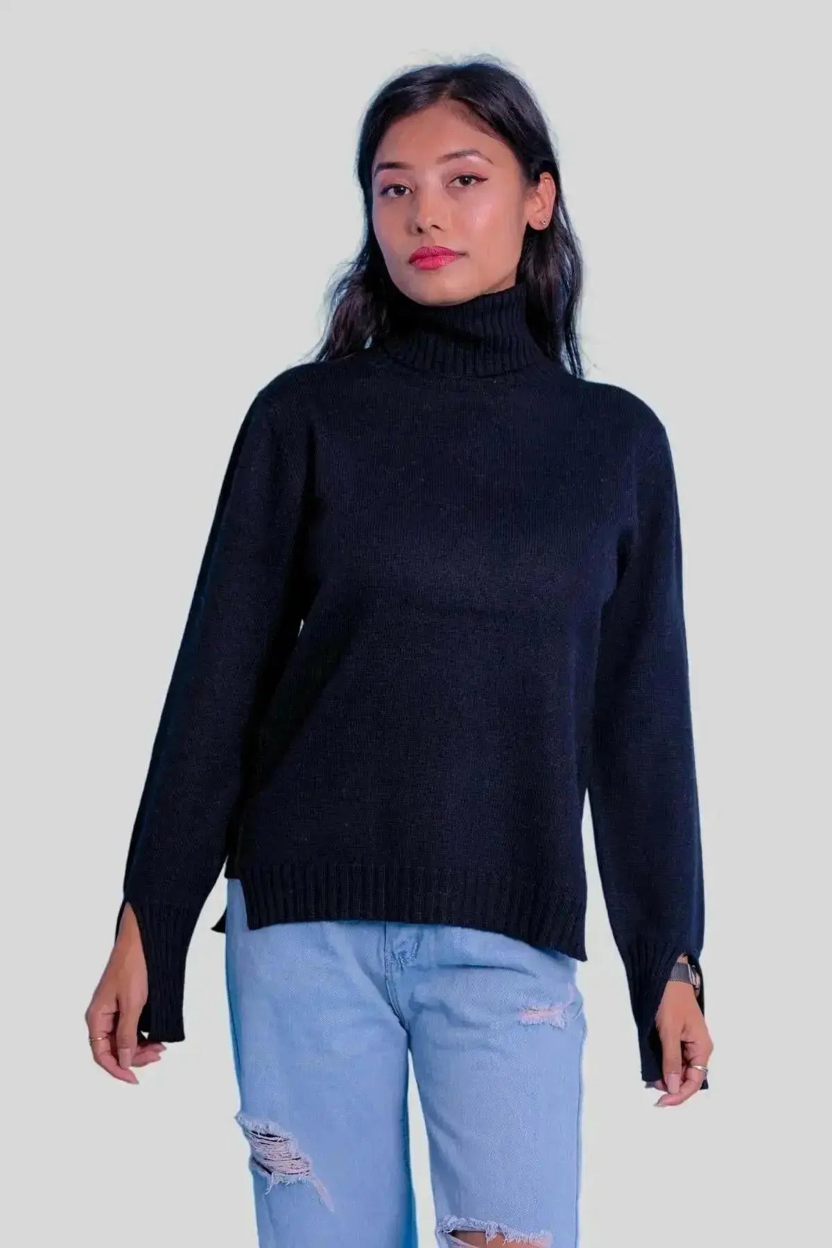 Women's black cashmere turtleneck sweater on model | KCI 407