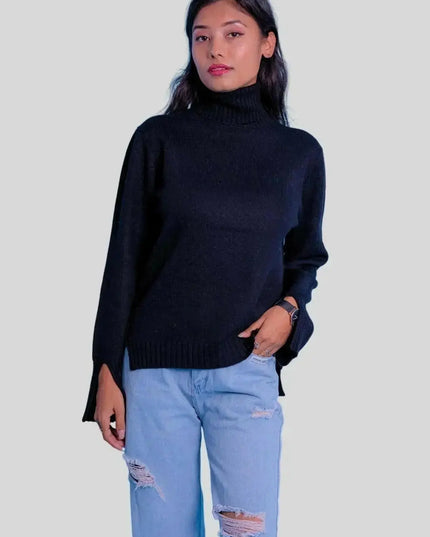 Luxurious Italian Cashmere Turtle Neck showcasing a woman wearing a black sweater