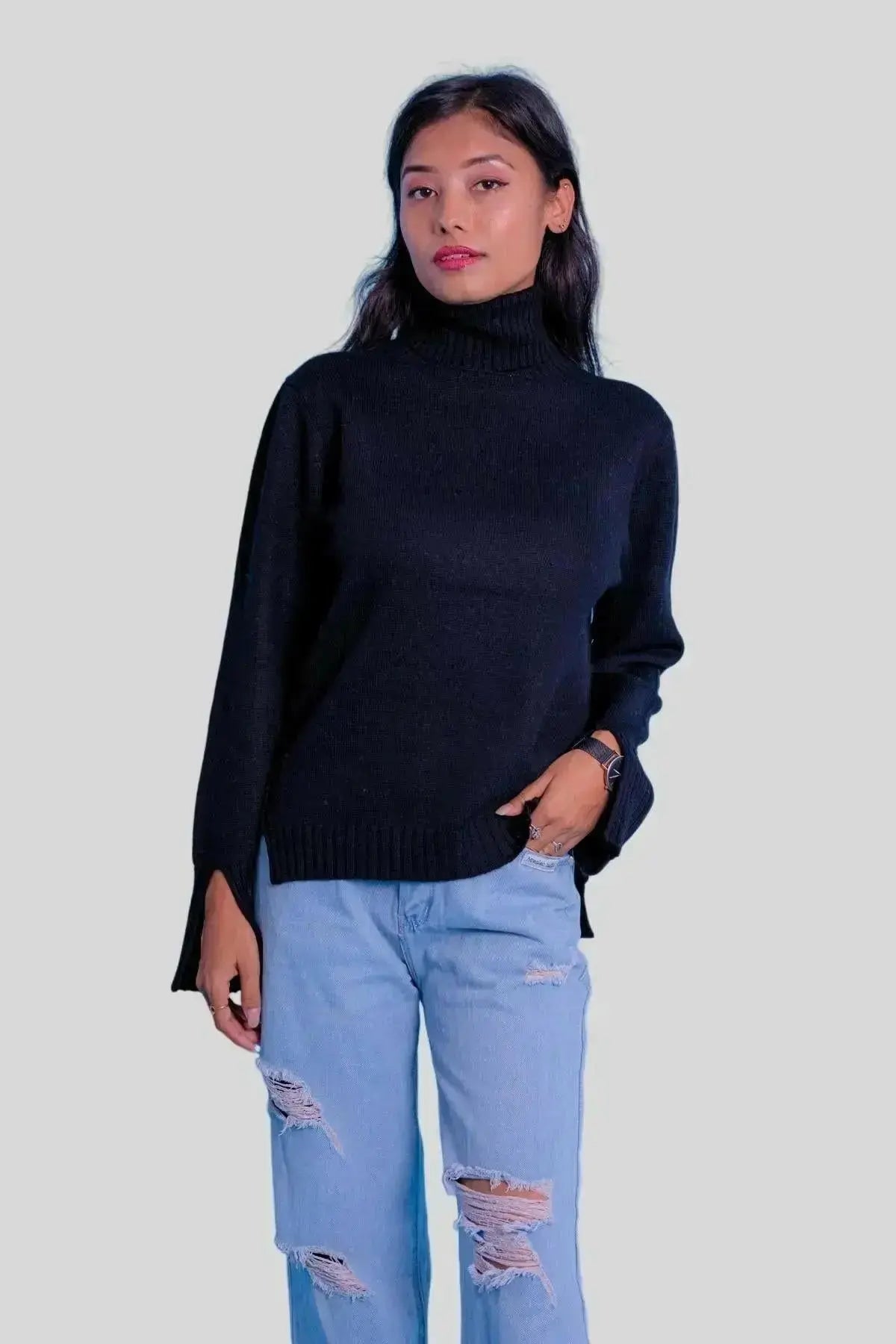 Women's black cashmere turtleneck sweater on model | KCI 407