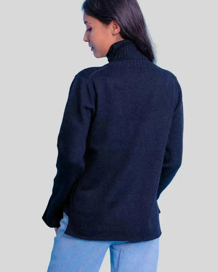 Luxurious Italian Cashmere Turtle Neck - Woman in Black Sweater and Jeans