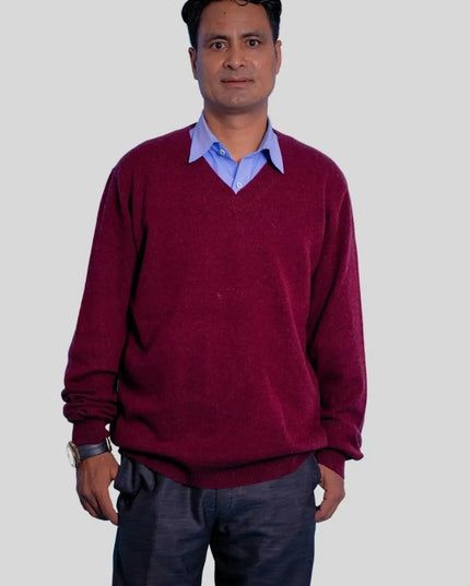 Men’s Luxurious Italian Cashmere V-Neck Pullover in Red Sweater and Blue Shirt