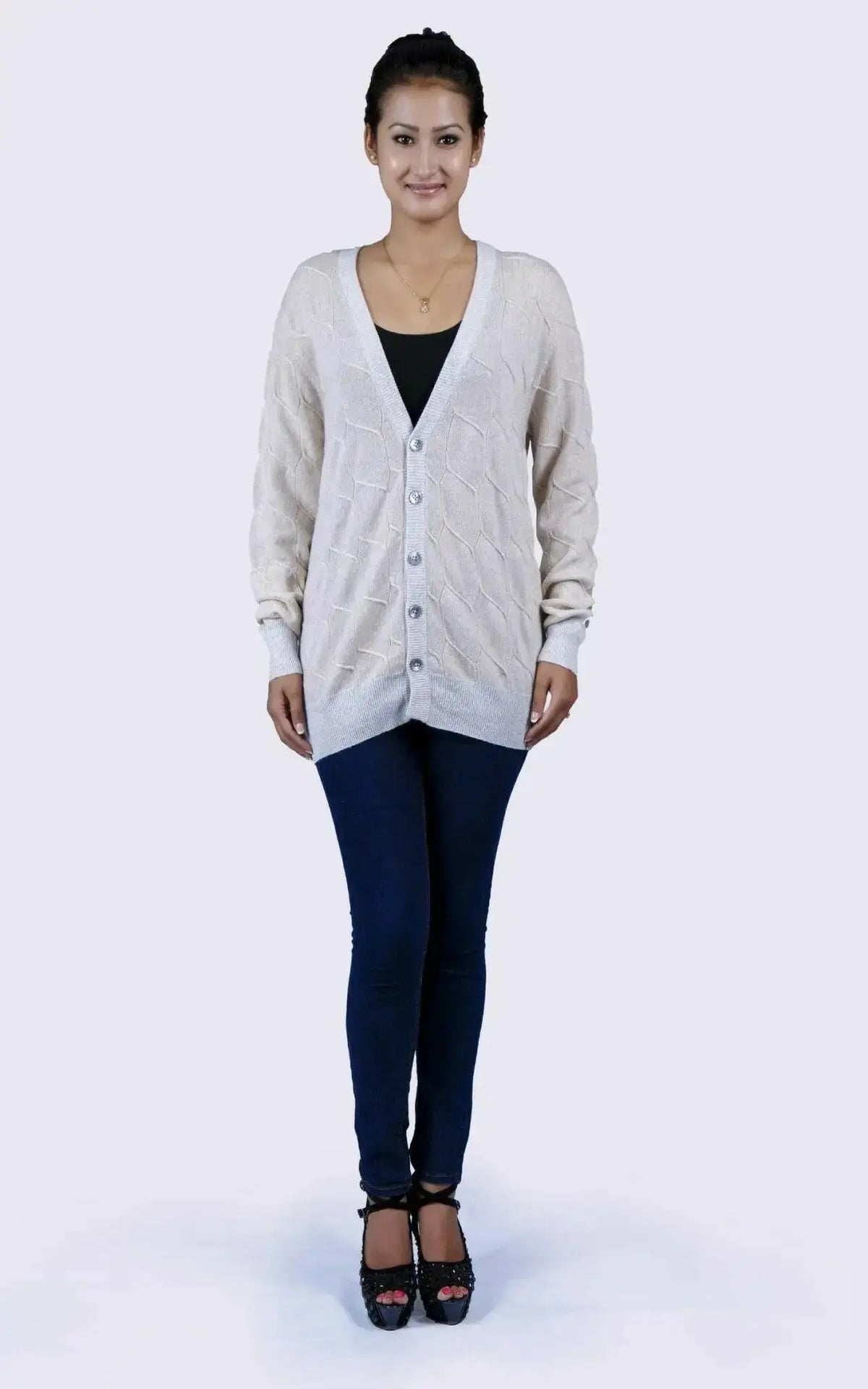 Luxurious Italian Cashmere V-Neck Sweater - Woman in White Cardigan