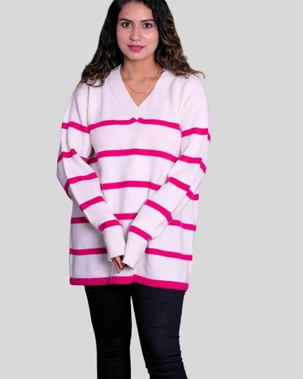 Luxurious Italian Cashmere V Pullover - Woman in White/Pink Striped Sweater