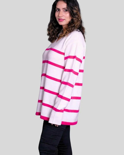 Luxurious Italian Cashmere V Pullover for Women in White and Pink Stripes