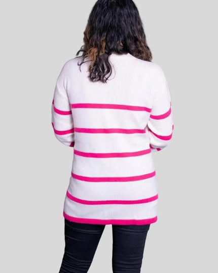 Luxurious Italian Cashmere V Pullover showcasing woman in white sweater and black jeans