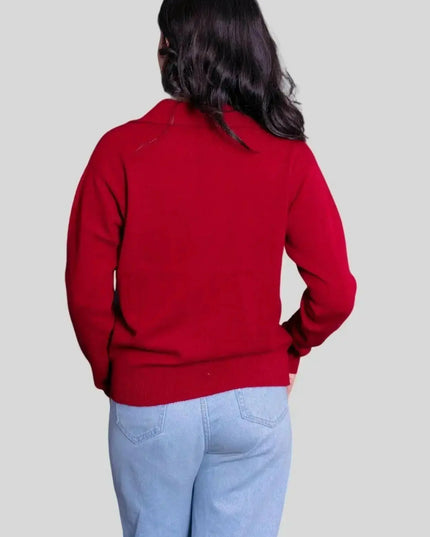 Luxurious Women’s Cashmere Polo featuring a woman in red sweater and jeans
