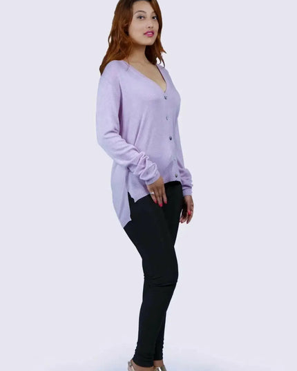 Luxurious Women’s Pure Cashmere V-Neck Cardigan in Purple Sweater and Black Pants