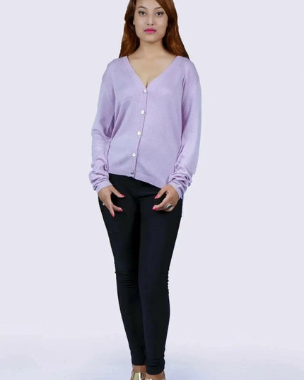Luxurious Women’s Pure Cashmere V-Neck Cardigan - Woman in Purple Sweater and Black Pants
