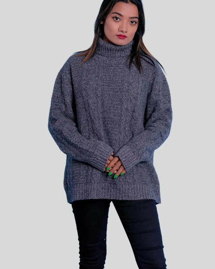 Luxuriously soft cashmere turtle neck sweater on woman