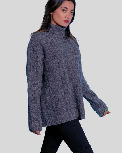 Luxuriously Soft Cashmere Turtle Neck Sweater featuring a woman in grey sweater and black jeans