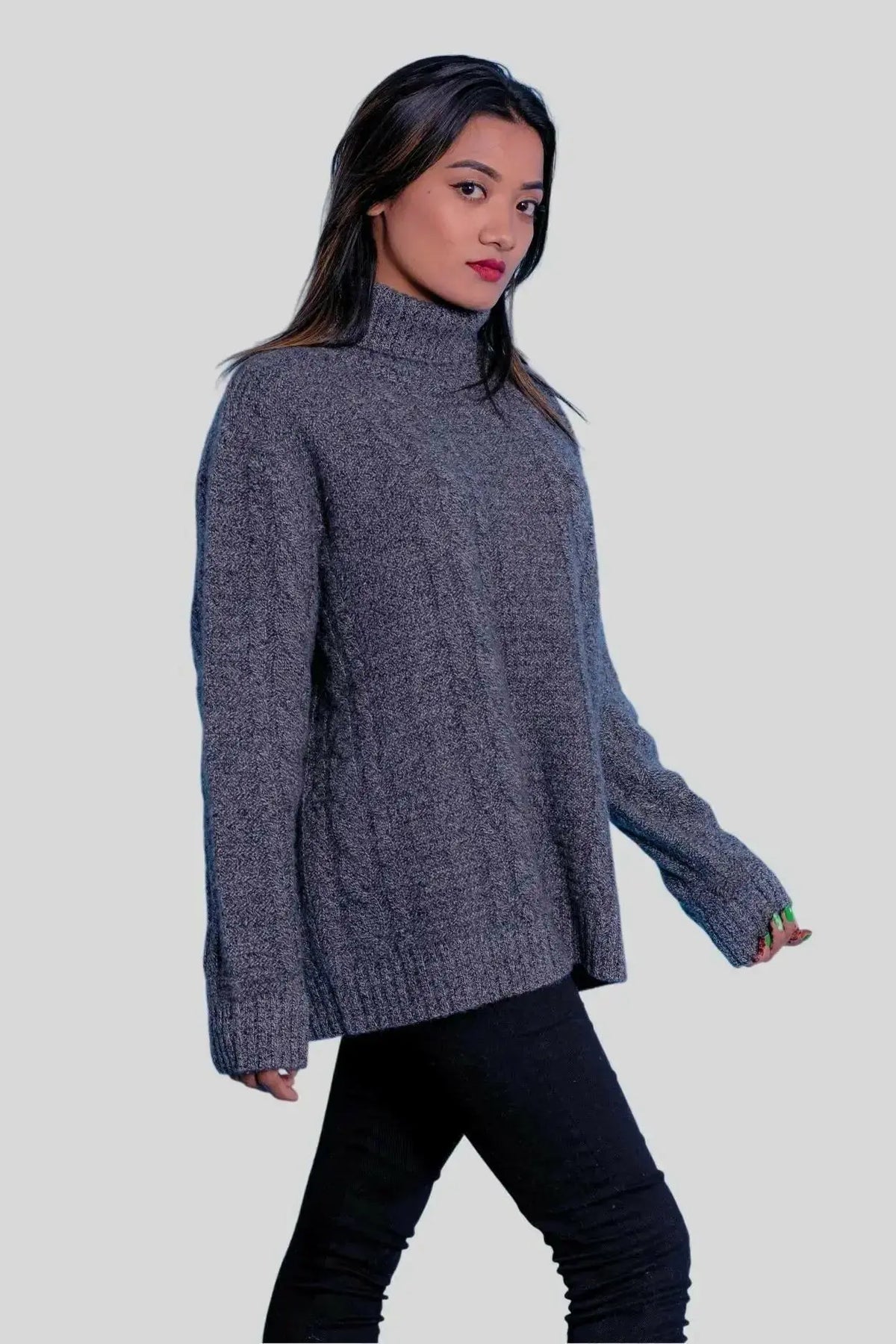 Luxuriously Soft Cashmere Turtle Neck Sweater featuring a woman in grey sweater and black jeans