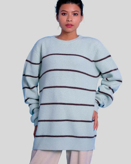 Premium quality striped sweater featuring a woman in a blue and brown Italian cashmere design