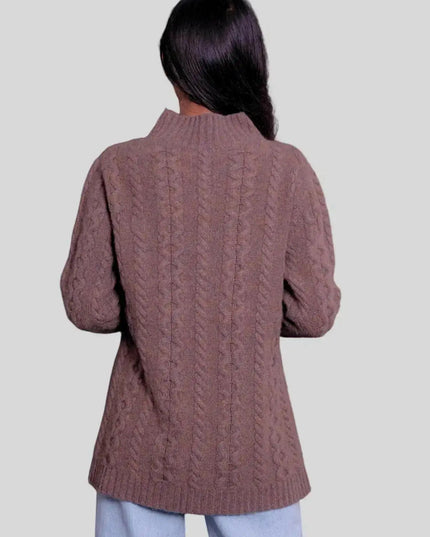 Luxury Italian Cashmere Cable Pullover - Woman wearing brown cable knit sweater