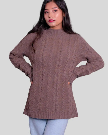 Luxury Italian Cashmere Cable Pullover - Woman wearing brown cable knit sweater