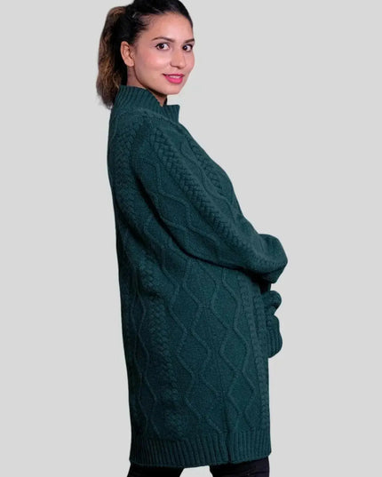 Woman wearing green cable knit sweater - Luxury Italian Cashmere Cardigan