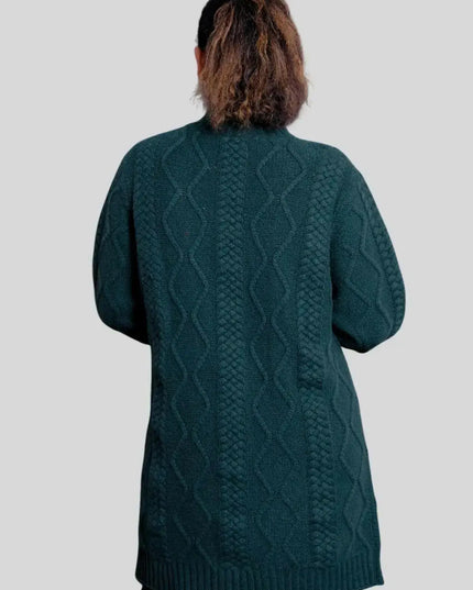 Woman wearing green cable knit sweater, Luxury Italian Cashmere Cardigan