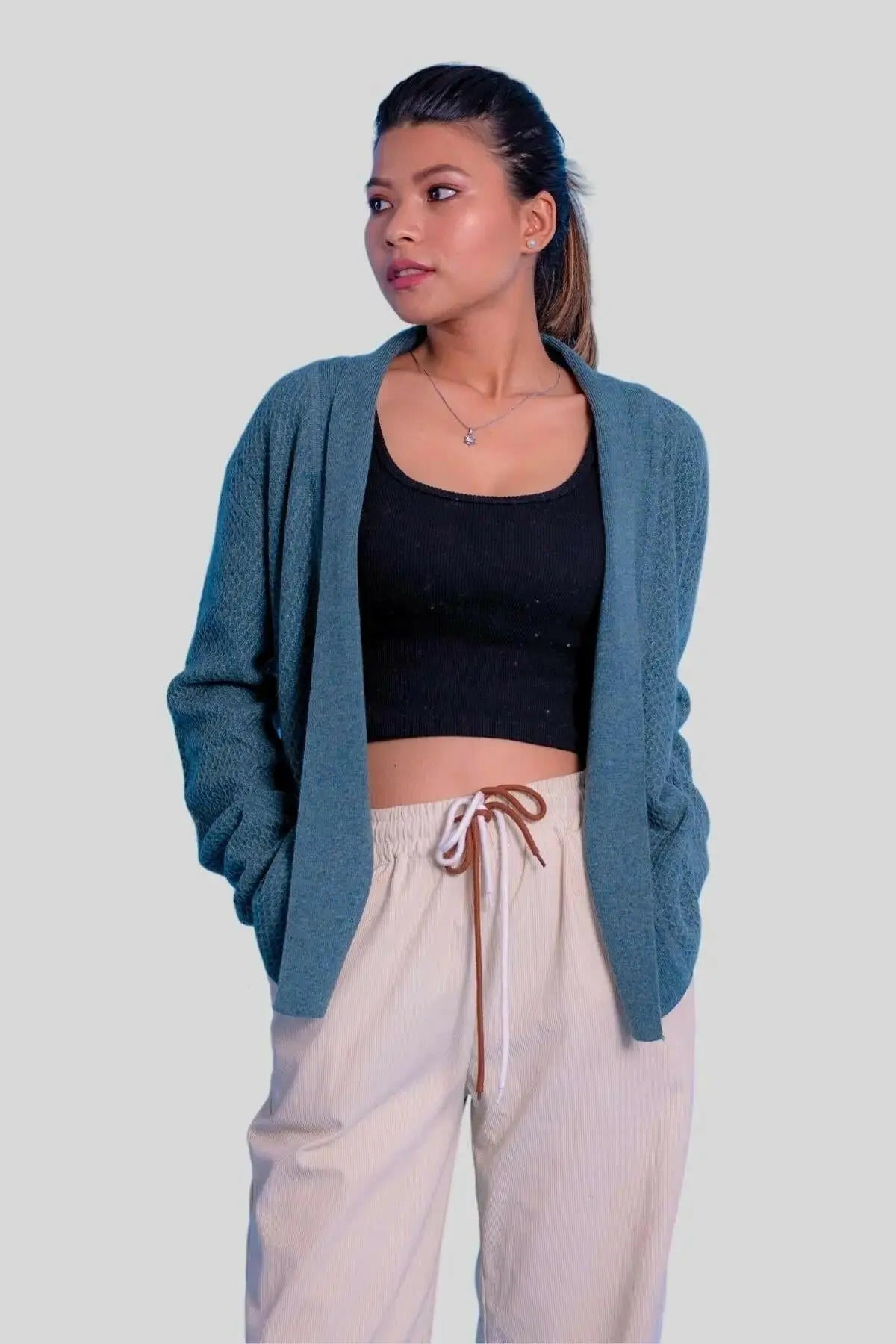 Blue cashmere honeycomb open cardigan on model | KCI 387