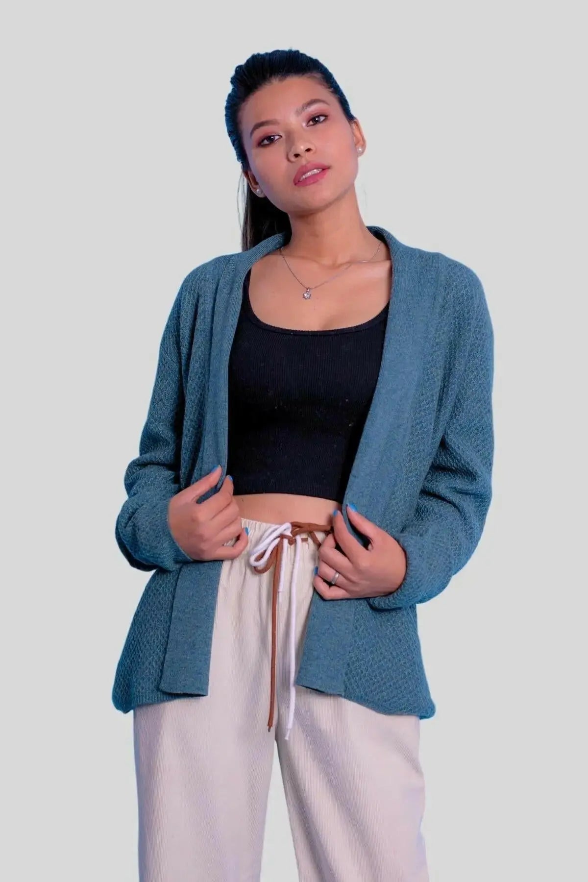 Blue cashmere honeycomb open cardigan on model | KCI 387