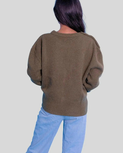 Luxury Italian Cashmere Sweater - woman in brown sweater and blue jeans