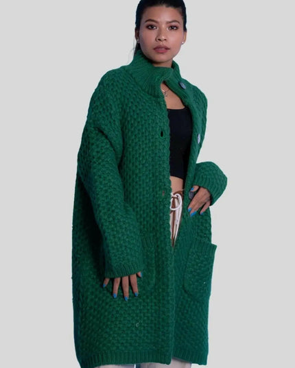 Woman wearing moss stitch heavy cardigan in green cable knit coat | KCI 263
