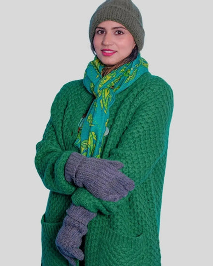 Woman in green moss stitch heavy cardigan and hat | KCI 263