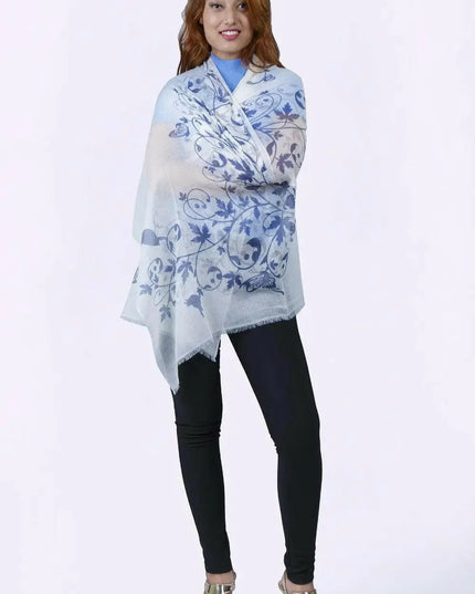 Woman in blue and white floral print cashmere shawl - Printed Cashmere Shawl | KCI 187