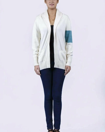Royal Cashmere Long Cardigan featuring a woman in a white cardigan sweater and jeans