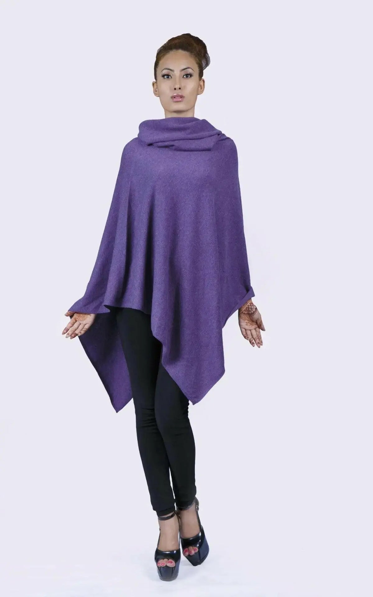 Italian cashmere turtleneck poncho, purple styled view