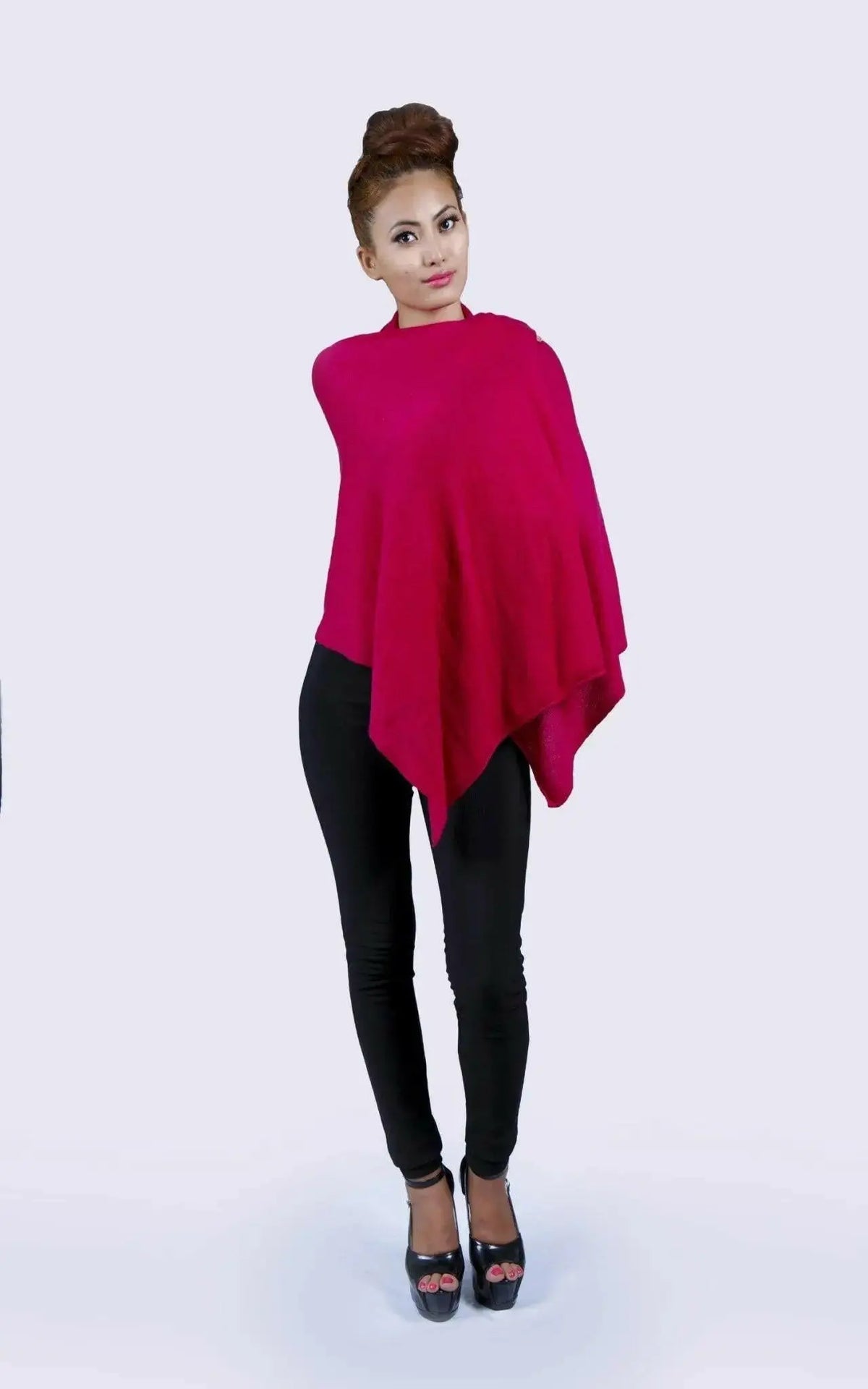 Stylish woman in red cashmere poncho and black pants and heels - Women’s Cashmere Poncho || KCI 134