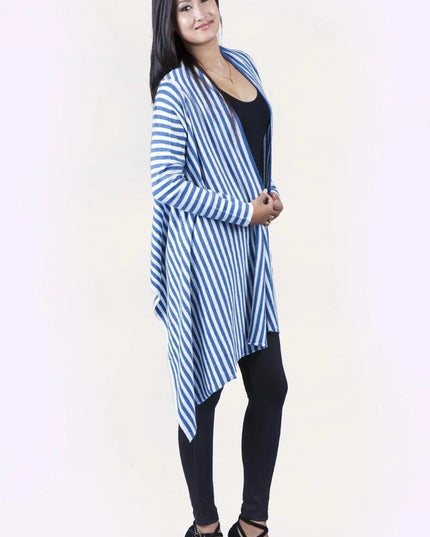 Woman in blue and white striped cardigan showcasing Women’s cashmere wrap - KCI 159