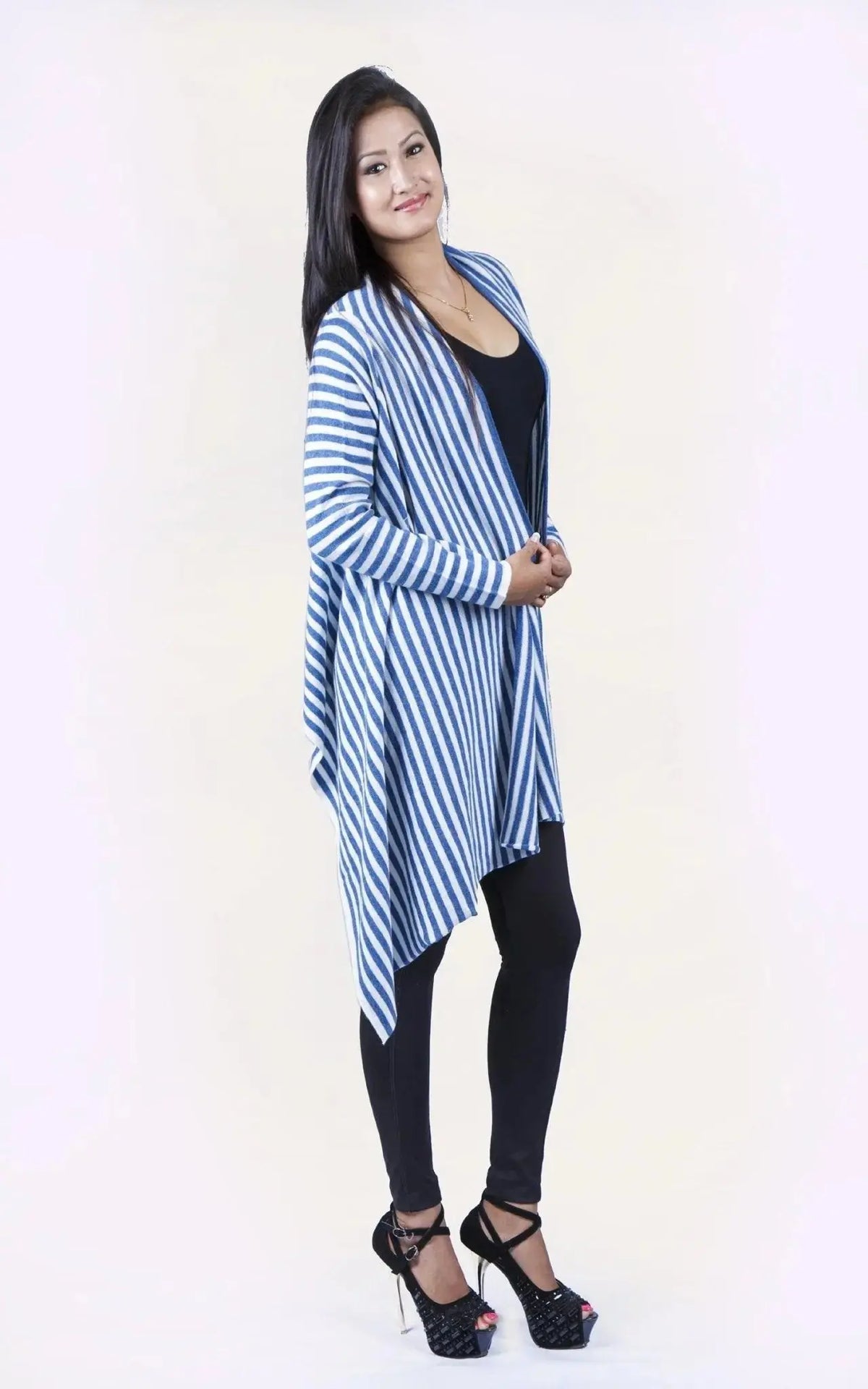 Woman in blue and white striped cardigan showcasing Women’s cashmere wrap - KCI 159
