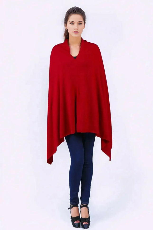 Woman wearing red cashmere poncho wrap - Cashmere Poncho wrap for women | KCI 117