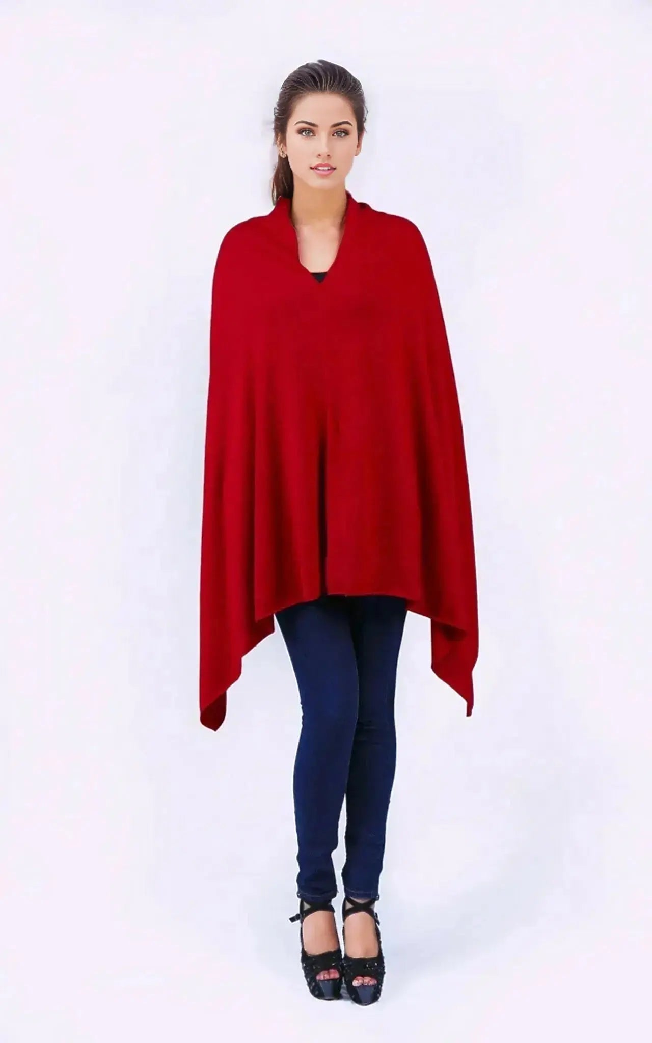 Woman wearing red cashmere poncho wrap - Cashmere Poncho wrap for women | KCI 117