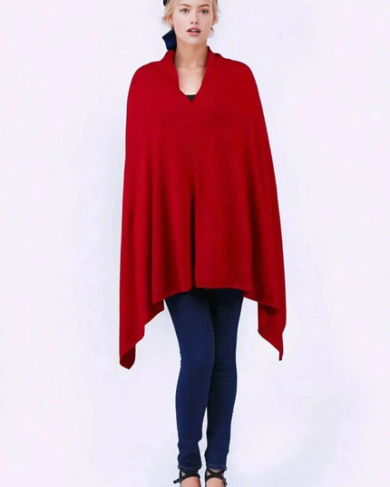 Woman wearing red cashmere poncho wrap, product name Cashmere Poncho wrap for women | KCI 117