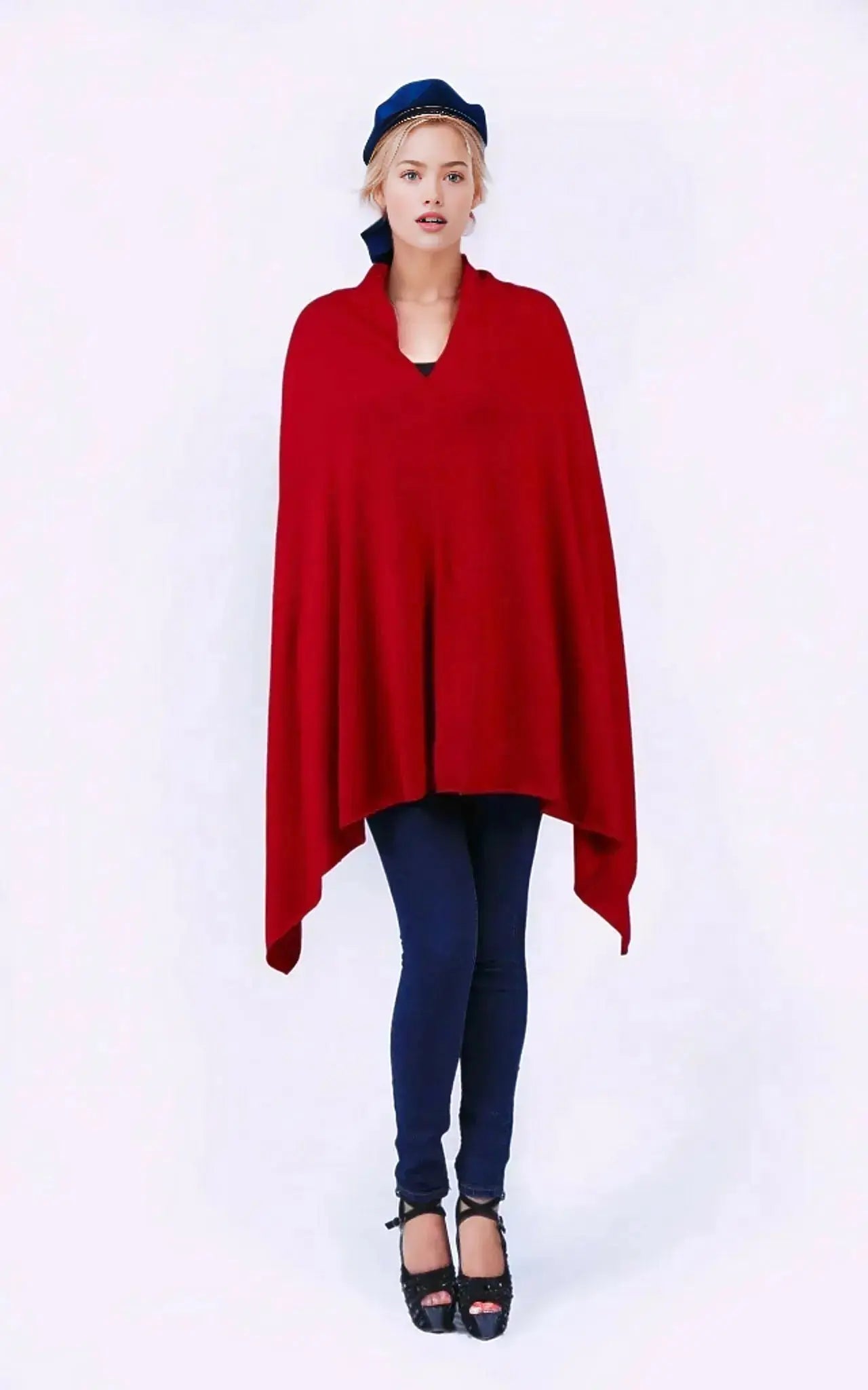 Woman wearing red cashmere poncho wrap, product name Cashmere Poncho wrap for women | KCI 117