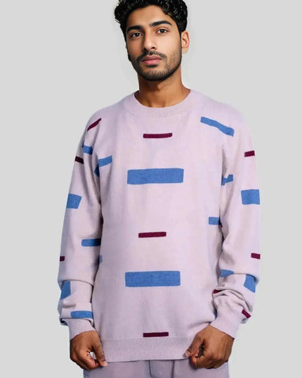 Luxurious Italian Cashmere Crew Neck Sweater for Men in Pink with Blue and Purple Stripes
