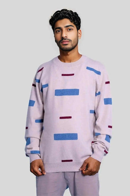 Luxurious Italian Cashmere Crew Neck Sweater for Men in Pink with Blue and Purple Stripes