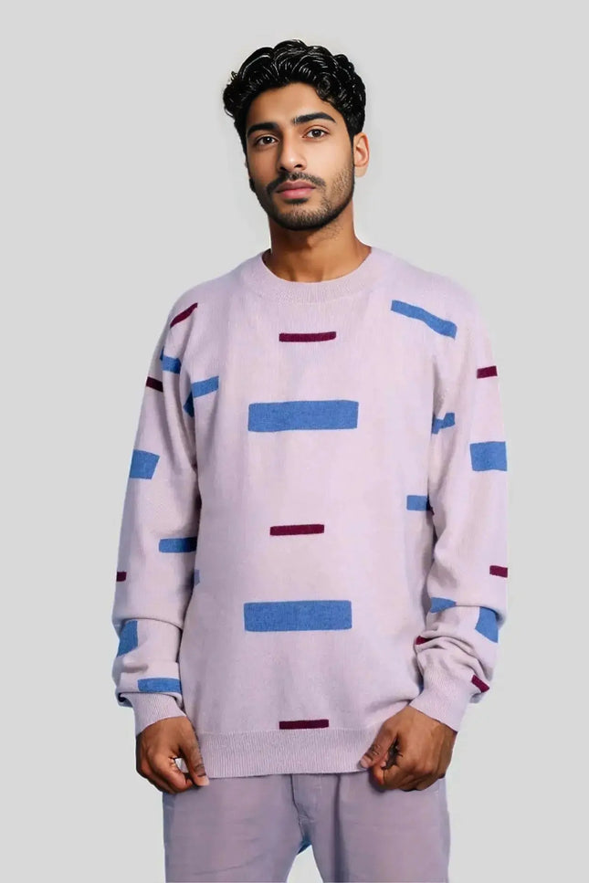 Luxurious Italian Cashmere Crew Neck Sweater for Men in Pink with Blue and Purple Stripes