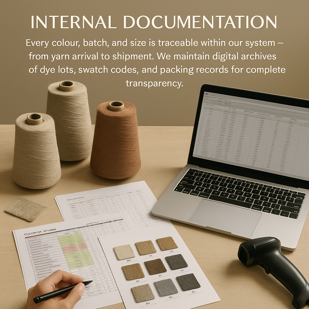 Finished cashmere garment and production documentation