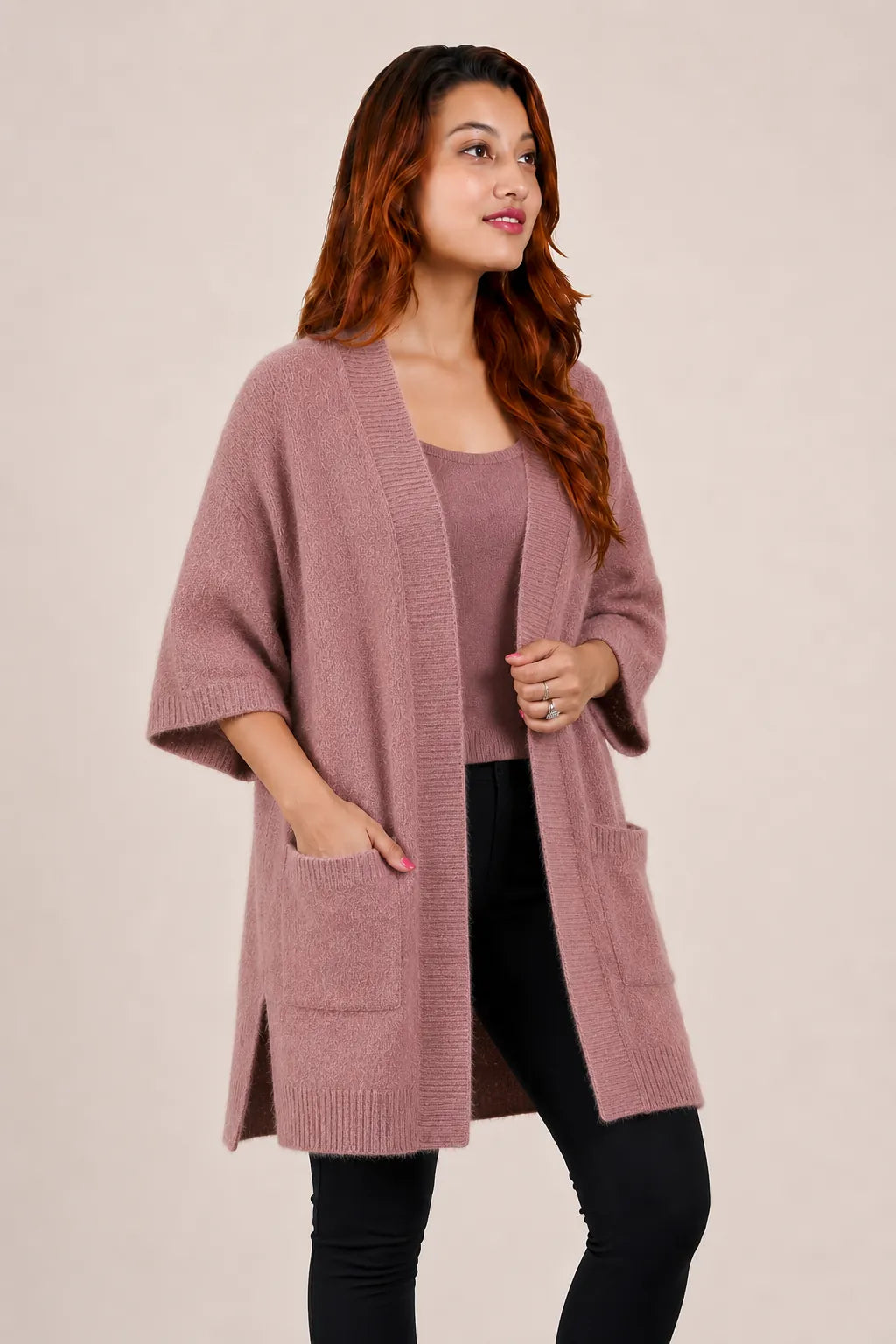 Brushed Cashmere Open Front Long Cardigan