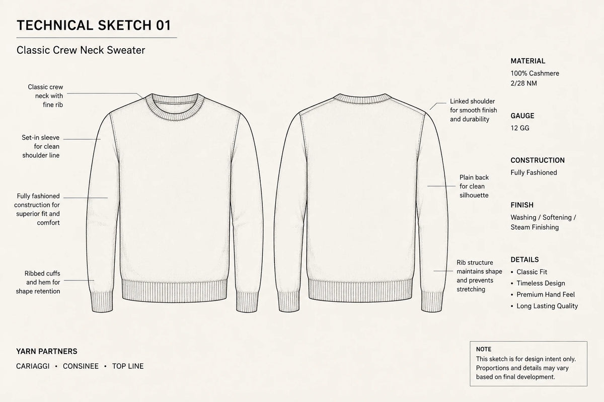 Technical garment development sketch for private label cashmere knitwear
