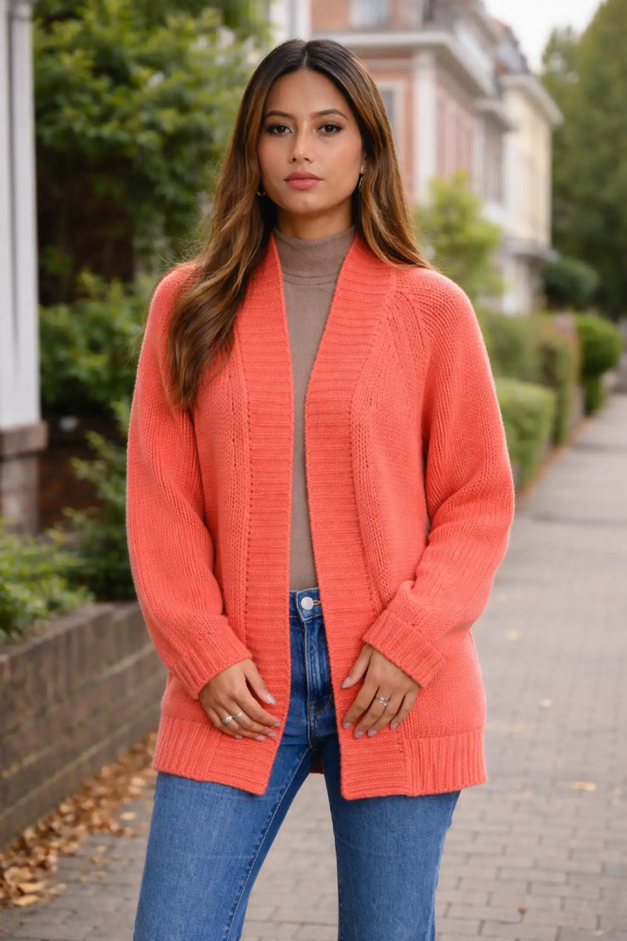 Coral-colored soft italian cashmere cardigan with ribbed texture and long sleeves women’s open cashmere cardigan