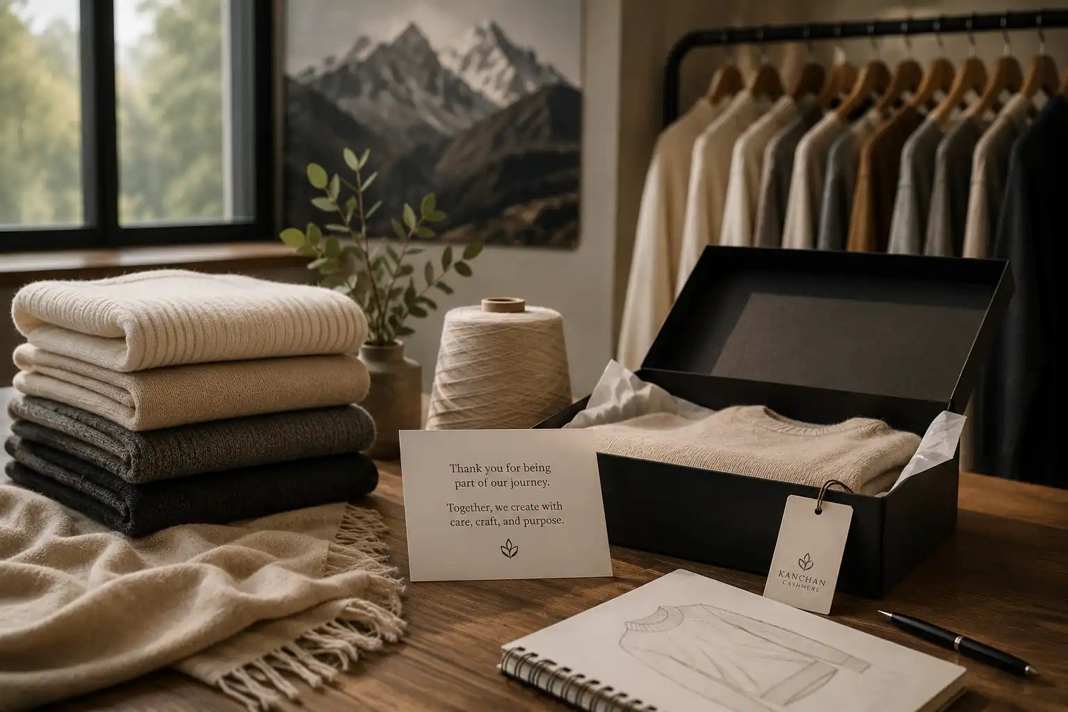 Refined cashmere garments and packaging representing Kanchan Cashmere future vision