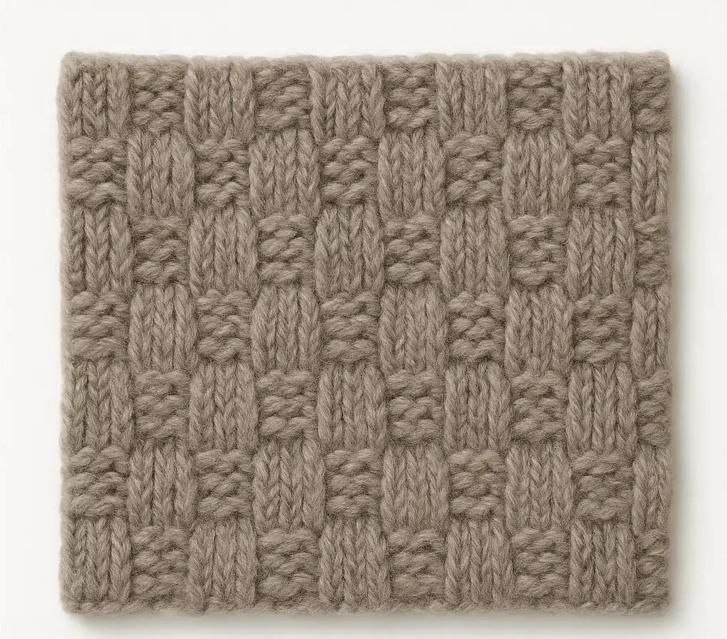 A square beige knitted coaster with textured basketweave pattern made from italian cashmere shade bands swatch 07