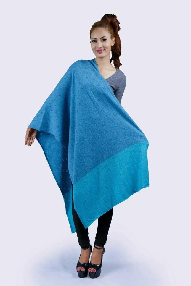 Blue cashmere shawl woman wearing blue and black ponche KCI 107
