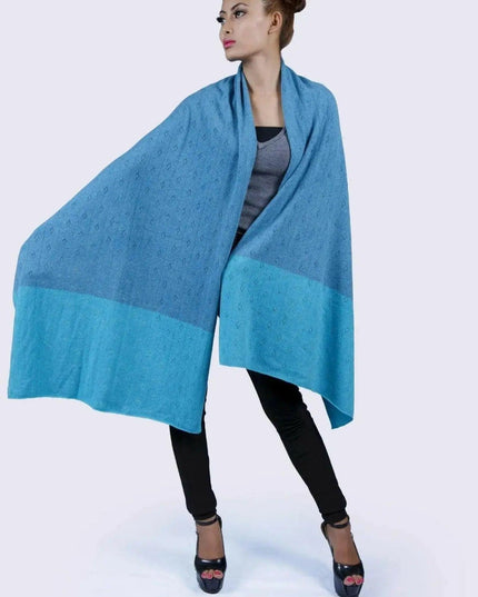 Blue cashmere shawl worn by a woman for KCI 107 product