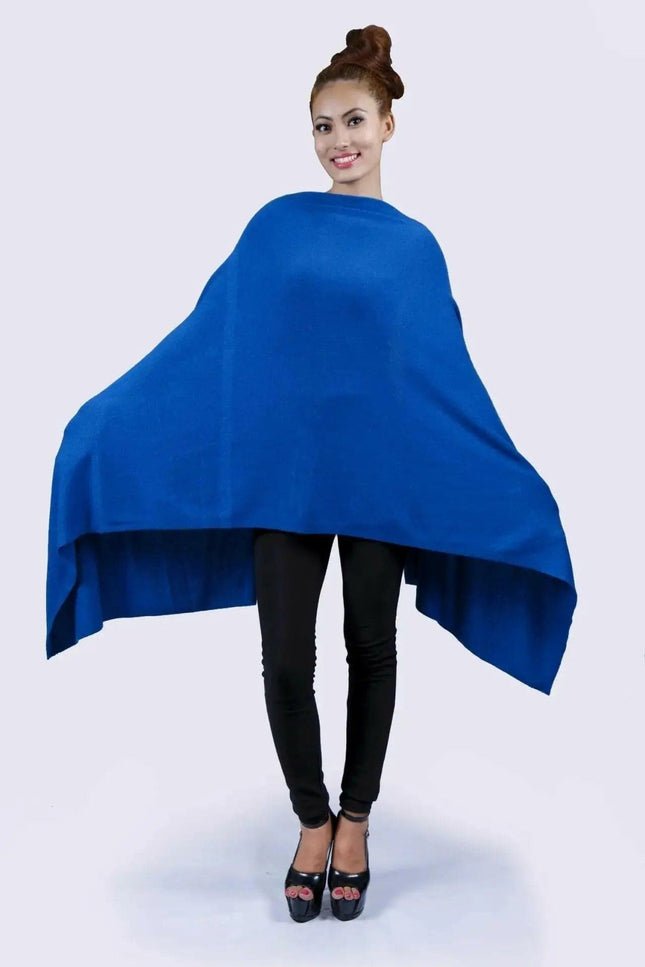 Cashmere blue shawl worn by woman in black top - Cashmere Blue Shawl | KCI 112