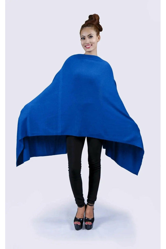 Cashmere blue shawl worn by woman in black top - Cashmere Blue Shawl | KCI 112